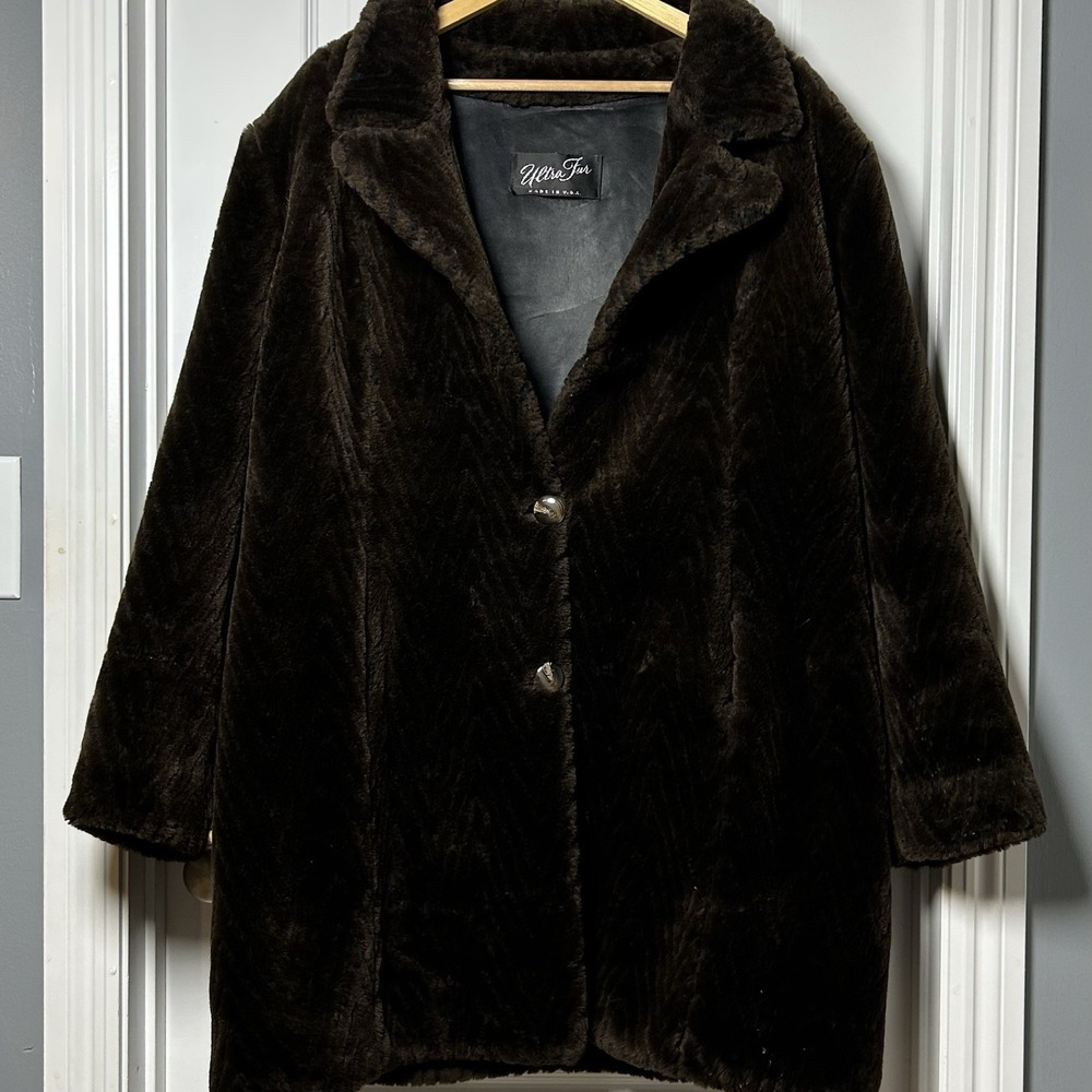 Ultra Fur USA Vintage 60s Chocolate Brown Satin Lined Faux‎ Fur Midi Coat